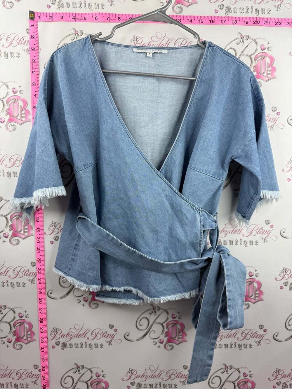 cupcakes & cashmere shirt wrap Light Blue Denim Wrap Tunic with Frayed Trim